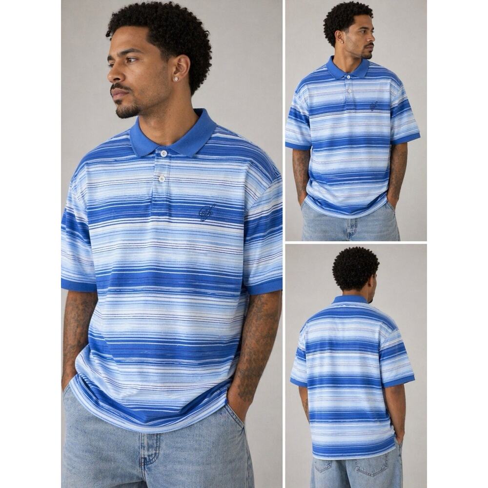 South Pole Signature Polo Shirt Mens XL Blue Stripe Short Sleeve Logo